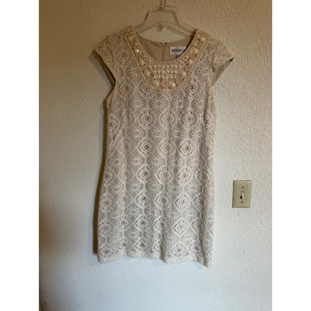 Studio I Cream Floral Lace Embellished Neckline Shift Dress Women 6 Ivory Beaded